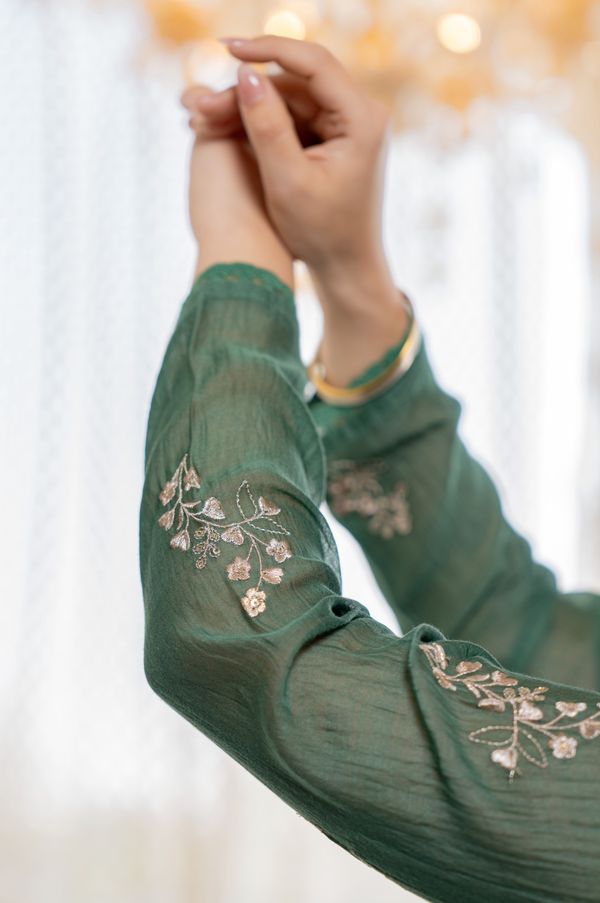 Green Chanderi Silk Kurta Pant Dupatta Set for Women