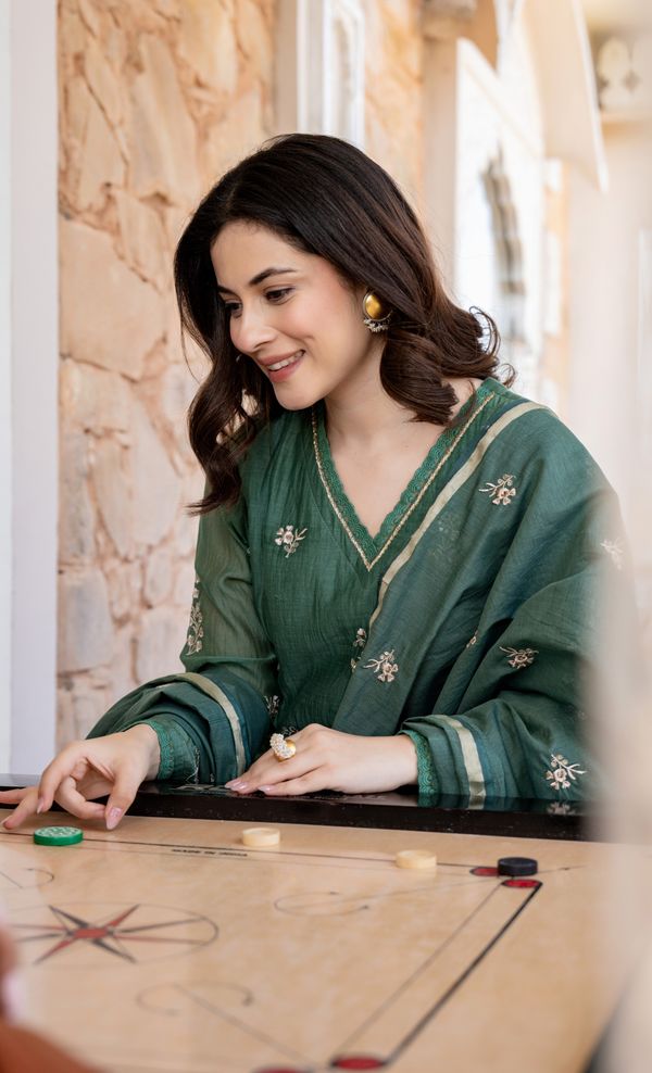 Green Chanderi Silk Kurta Pant Dupatta Set for Women