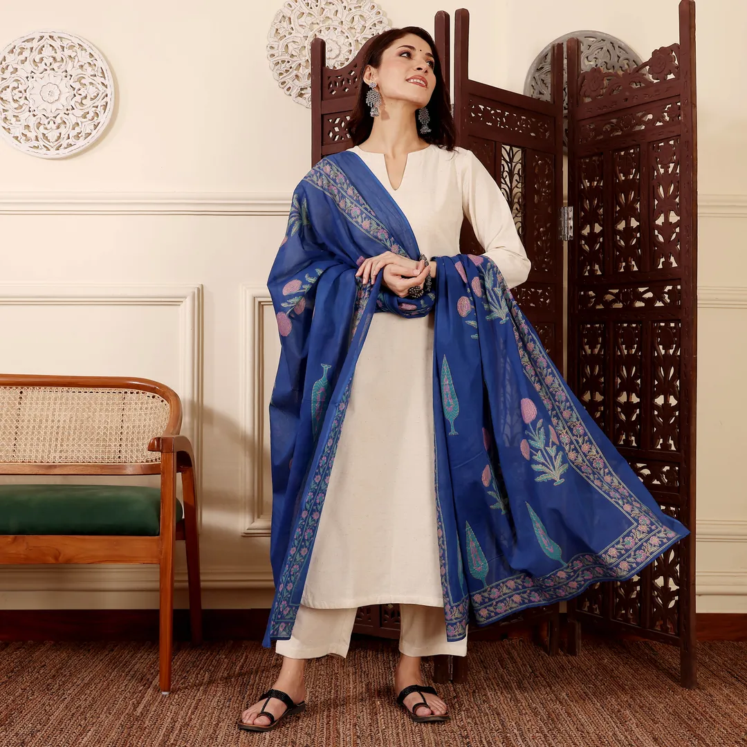 Beige Kurta Set with Blue Chanderi Dupatta for Women