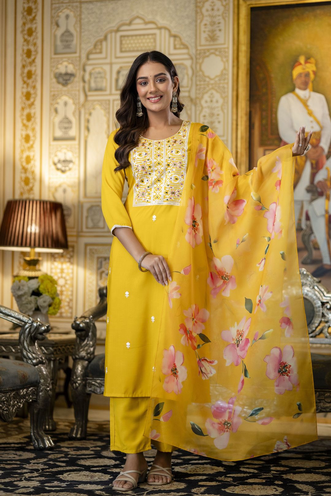 Yellow Rayon Kurta Set with Floral Organza Dupatta