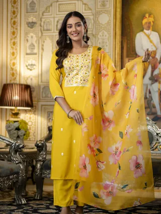 Yellow Rayon Kurta Set with Floral Organza Dupatta