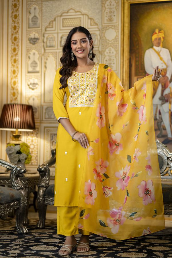 Yellow Rayon Kurta Set with Floral Organza Dupatta