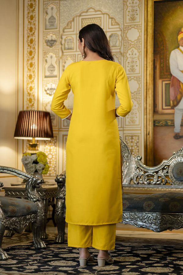 Yellow Rayon Kurta Set with Floral Organza Dupatta