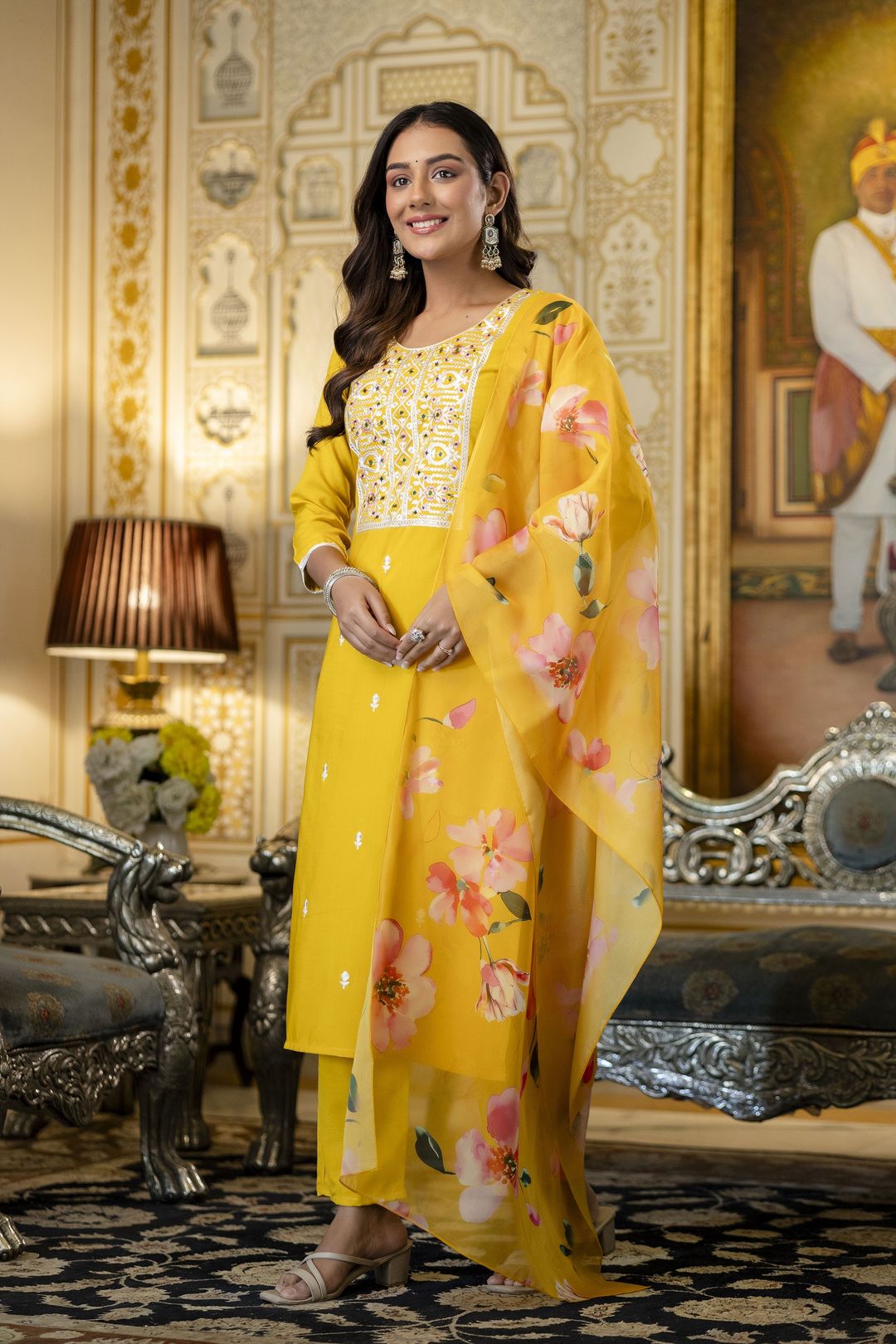 Yellow Rayon Kurta Set with Floral Organza Dupatta