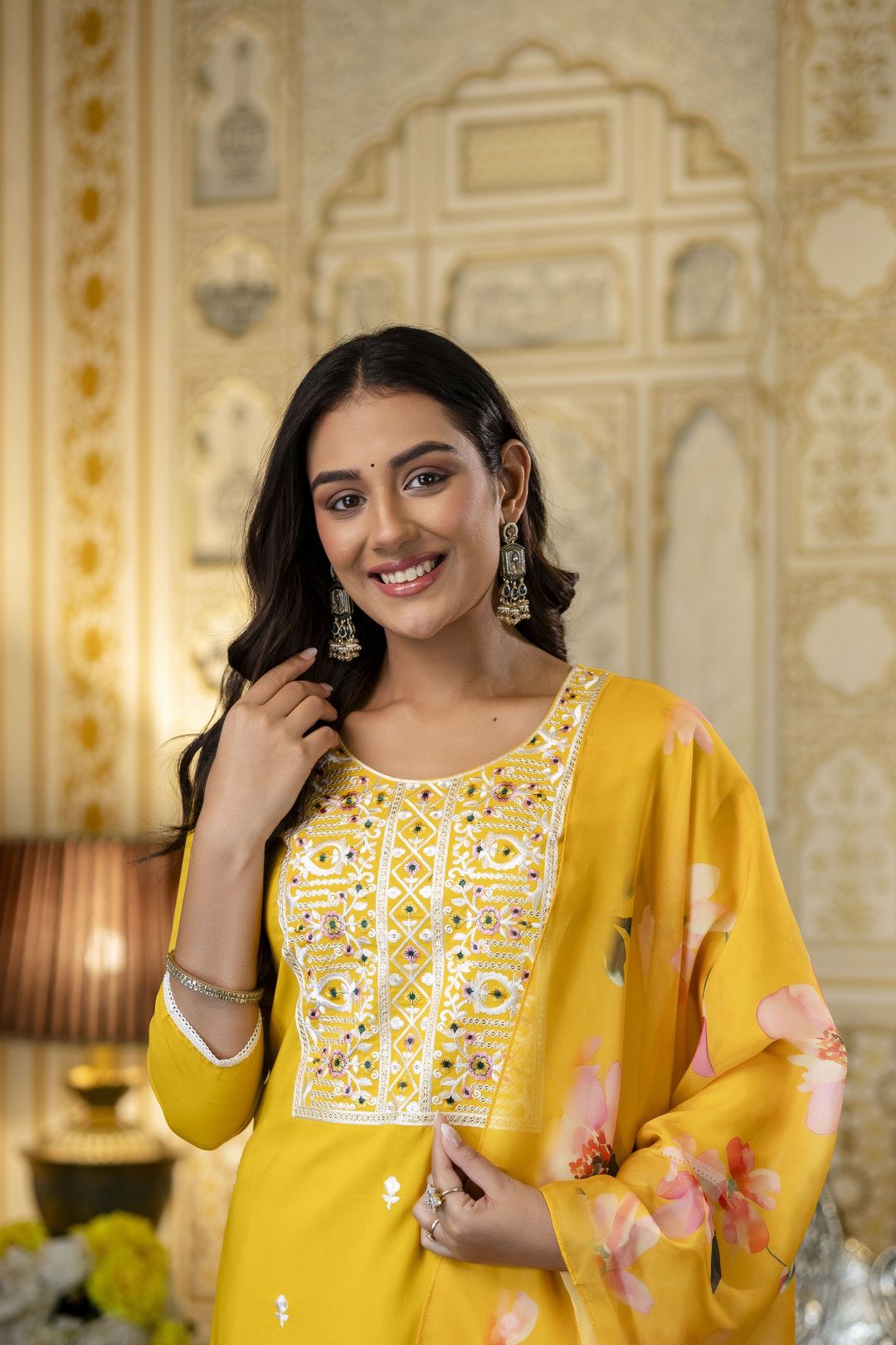 Yellow Rayon Kurta Set with Floral Organza Dupatta