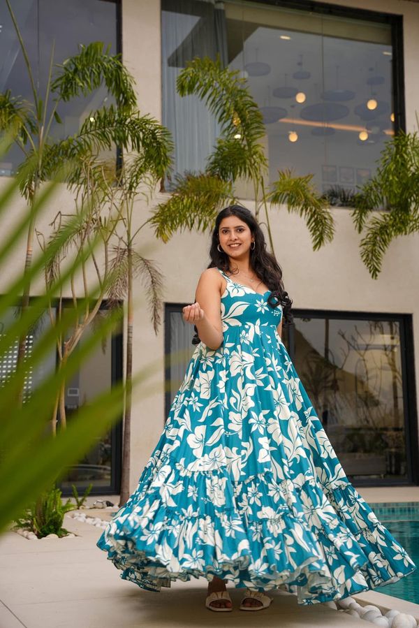 Teal Floral Printed Maxi Dress for Women Summer Wear