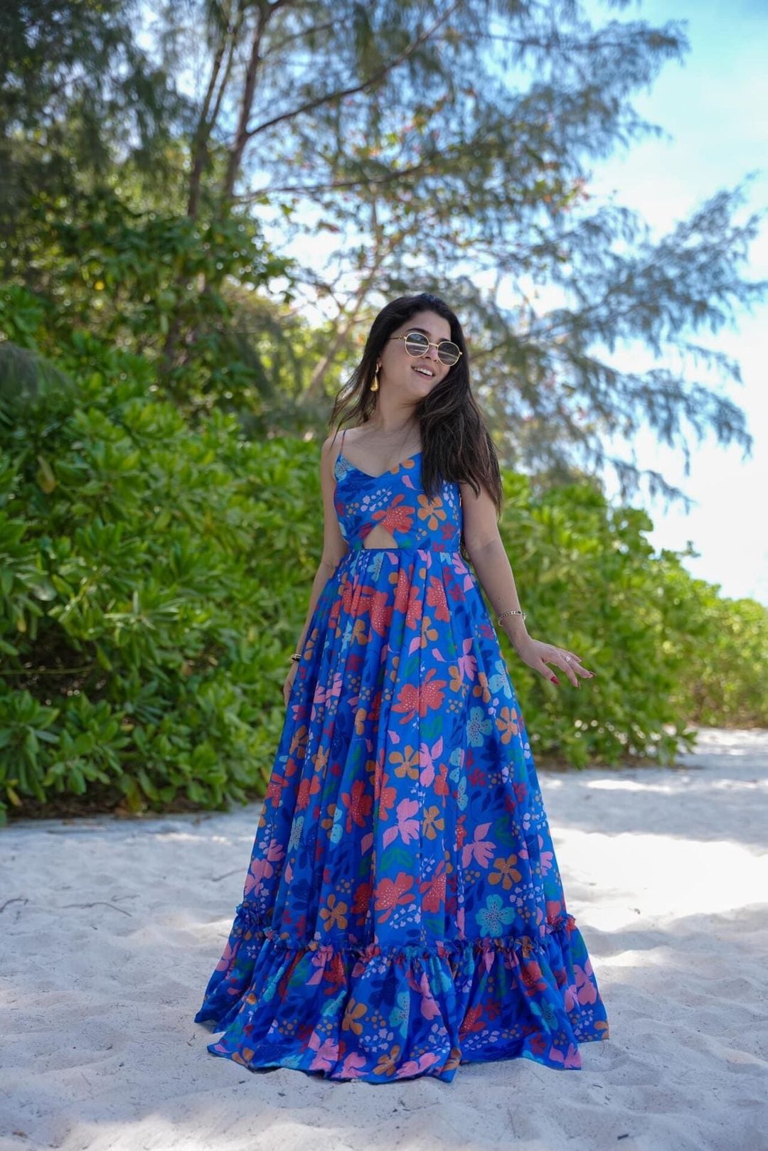 Blue Floral Printed Maxi Dress for Women Beach Wear
