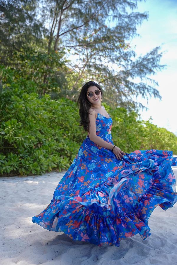 Blue Floral Printed Maxi Dress for Women Beach Wear