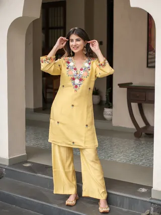 Mustard Embroidered Kurti Pant Set for Women Festive