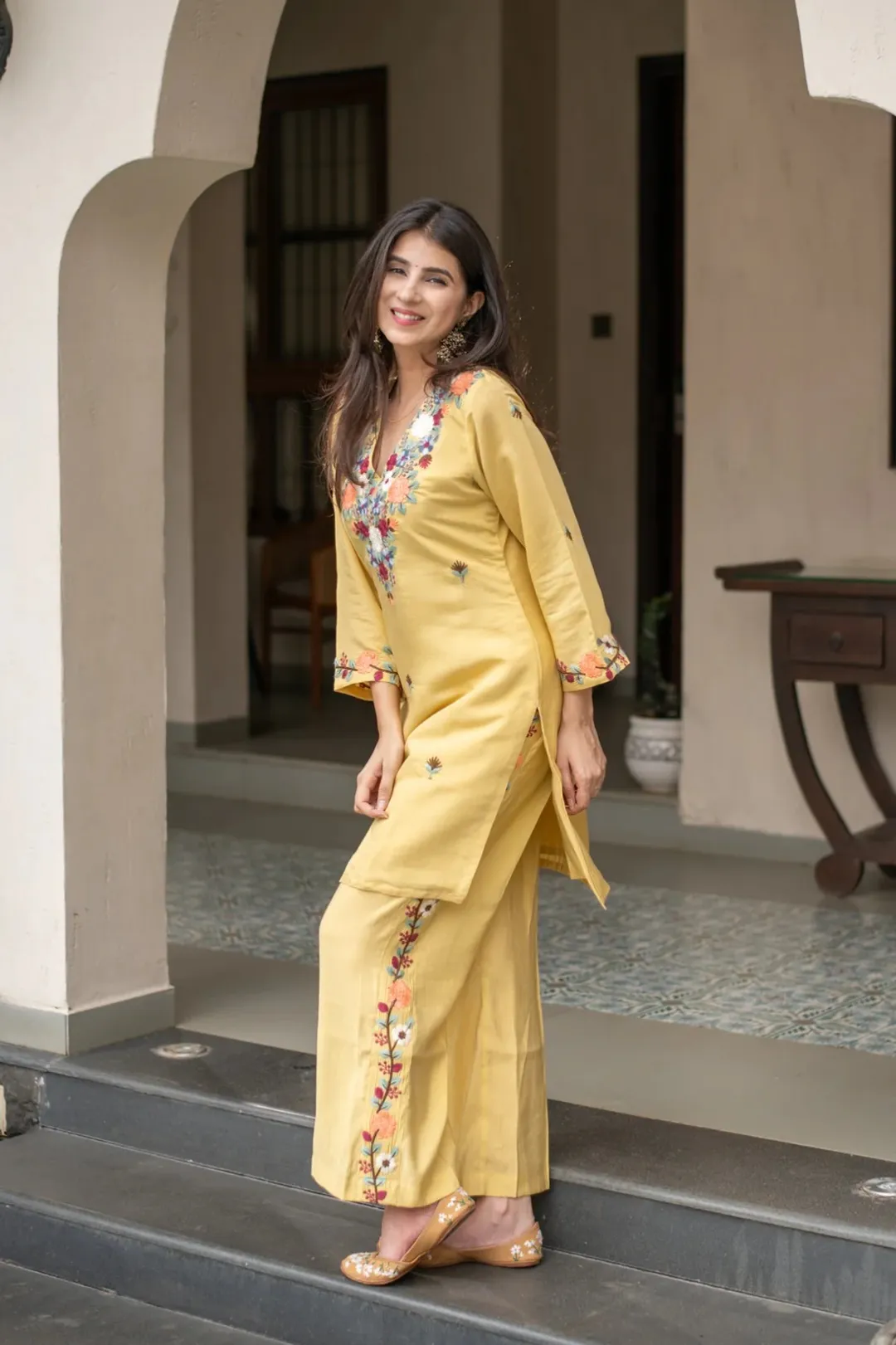Mustard Embroidered Kurti Pant Set for Women Festive