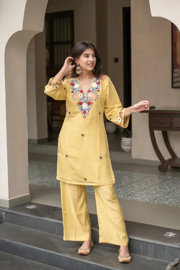 Mustard Embroidered Kurti Pant Set for Women Festive