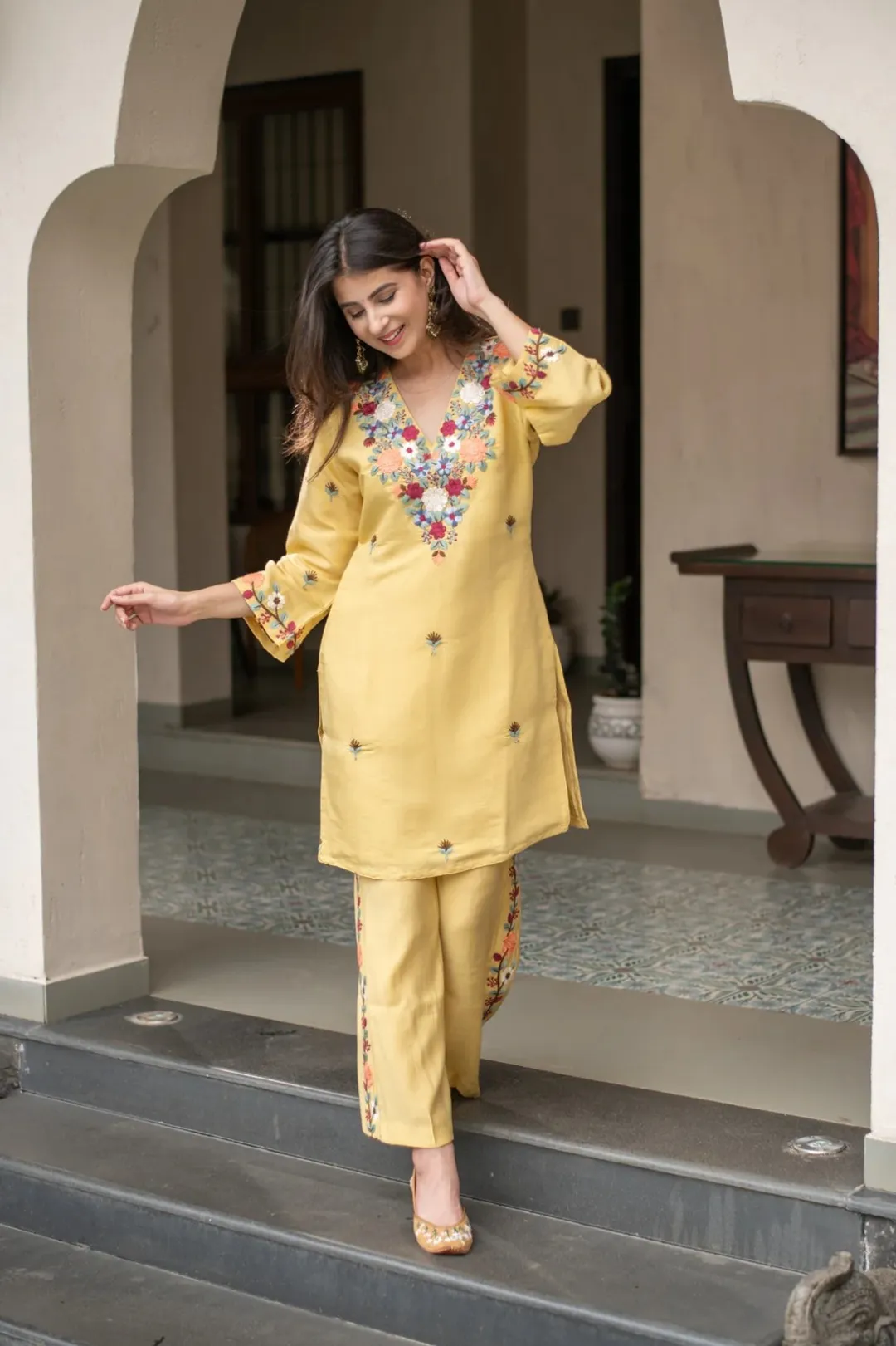 Mustard Embroidered Kurti Pant Set for Women Festive