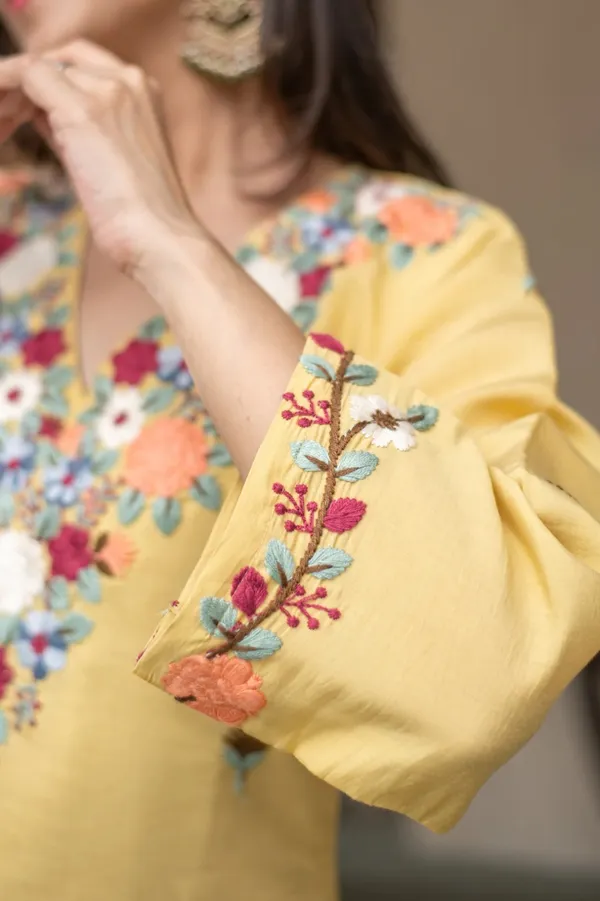 Mustard Embroidered Kurti Pant Set for Women Festive