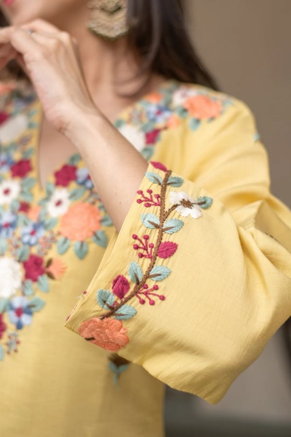 Mustard Embroidered Kurti Pant Set for Women Festive