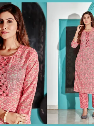 Peach Printed Cotton Kurti Pant Set for Women Casual