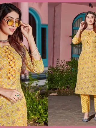 Mustard Yellow Cotton Kurti Pant Set for Women