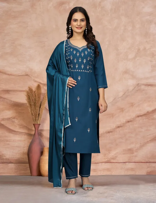 Elegant Teal Embroidered Kurta Pant Dupatta Set