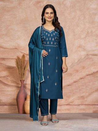 Elegant Teal Embroidered Kurta Pant Dupatta Set