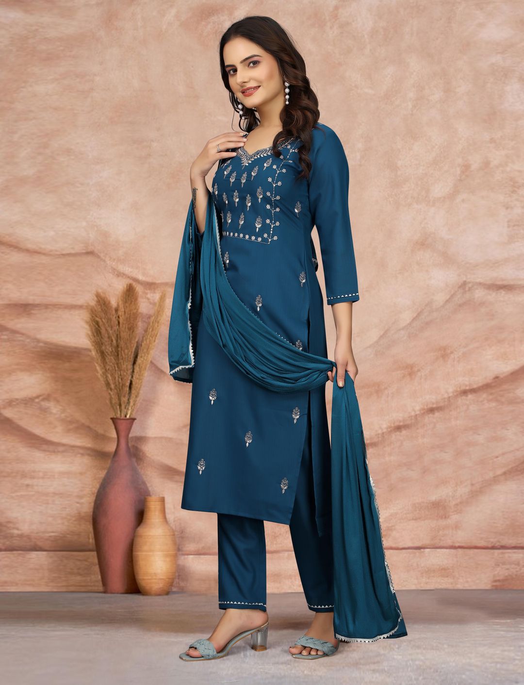 Elegant Teal Embroidered Kurta Pant Dupatta Set