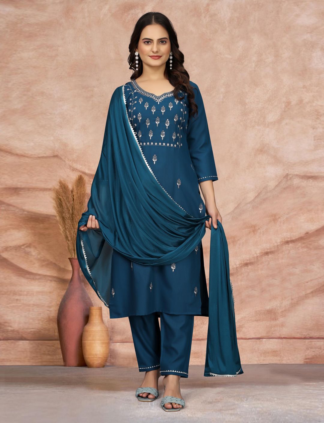 Elegant Teal Embroidered Kurta Pant Dupatta Set