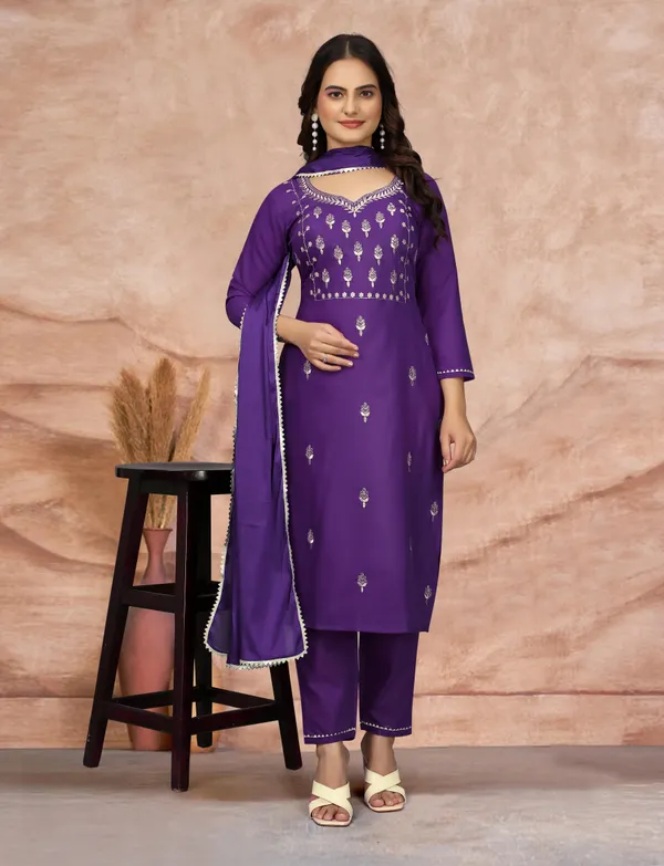 Royal Purple Embroidered Kurta Pant Dupatta Set