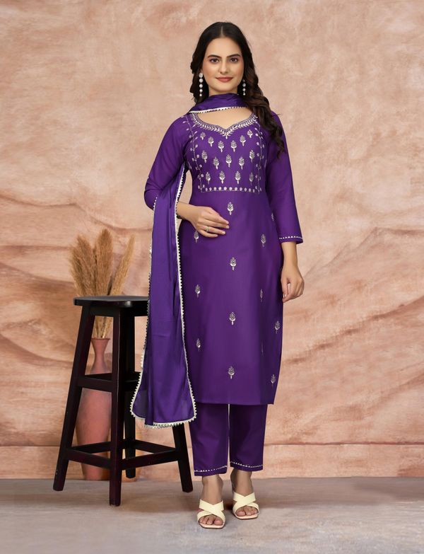 Royal Purple Embroidered Kurta Pant Dupatta Set