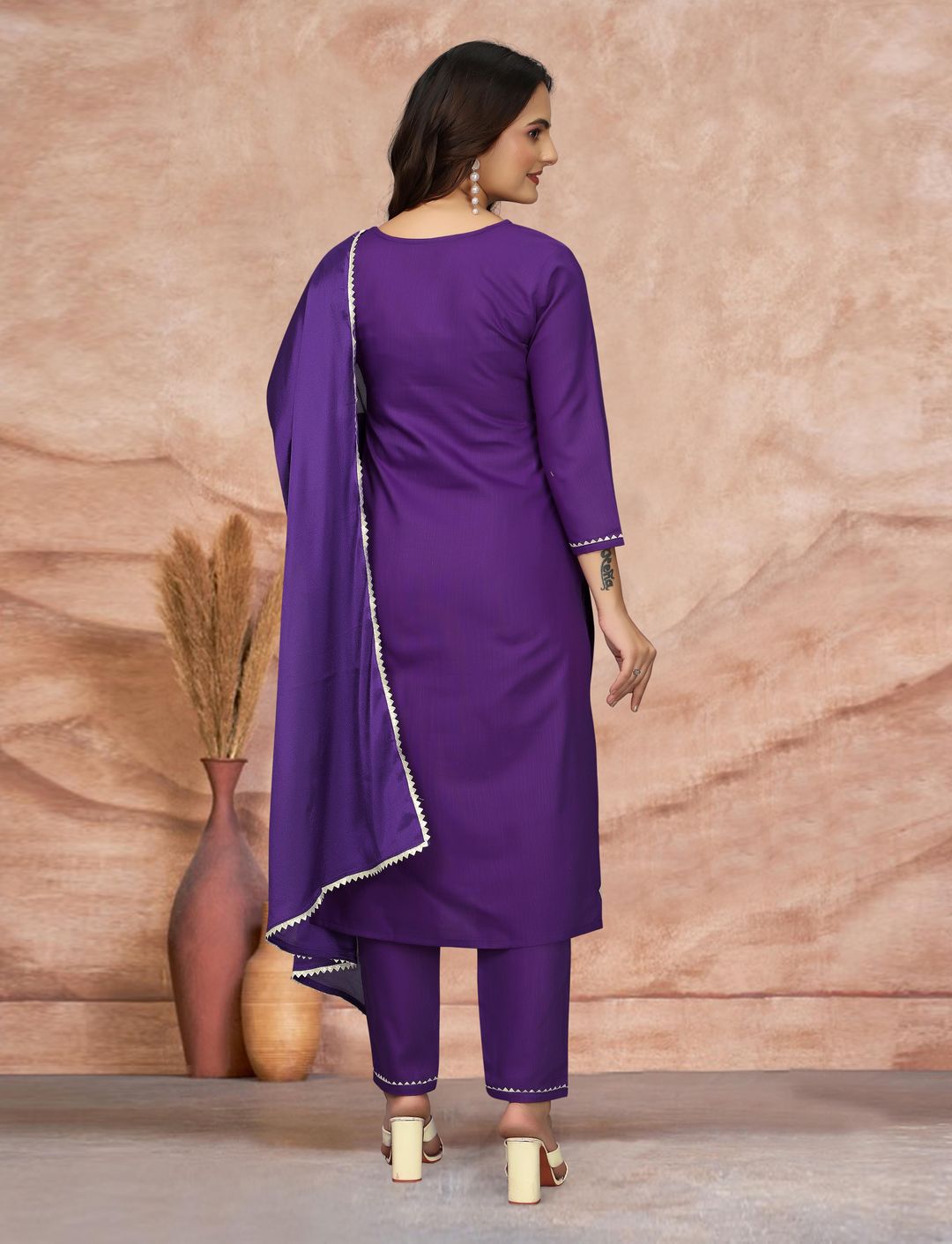 Royal Purple Embroidered Kurta Pant Dupatta Set