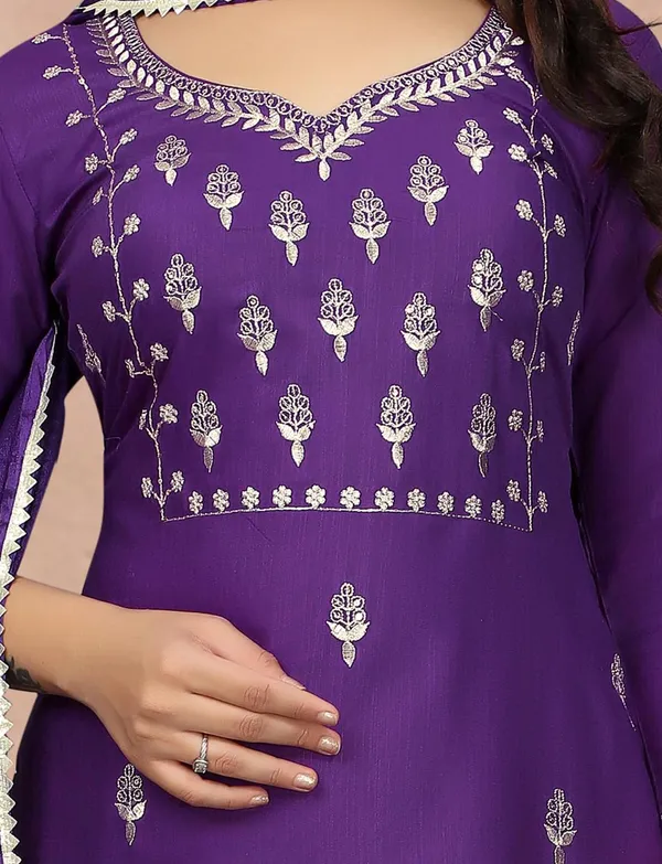 Royal Purple Embroidered Kurta Pant Dupatta Set