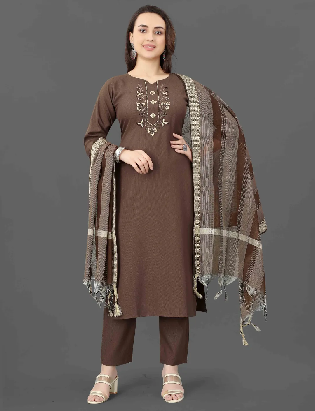 Brown Embroidered Kurta Pant Dupatta Set for Women