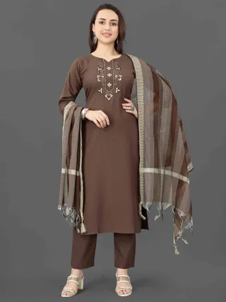 Brown Embroidered Kurta Pant Dupatta Set for Women