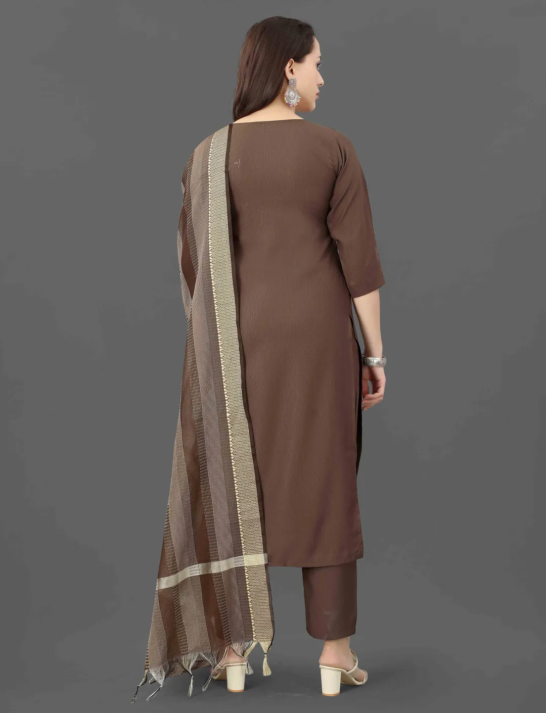 Brown Embroidered Kurta Pant Dupatta Set for Women