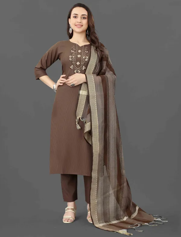Brown Embroidered Kurta Pant Dupatta Set for Women