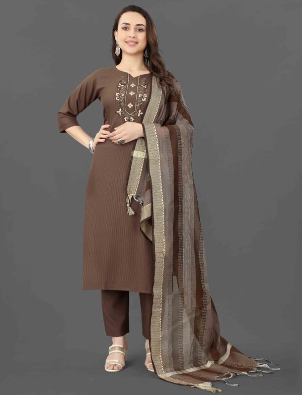 Brown Embroidered Kurta Pant Dupatta Set for Women
