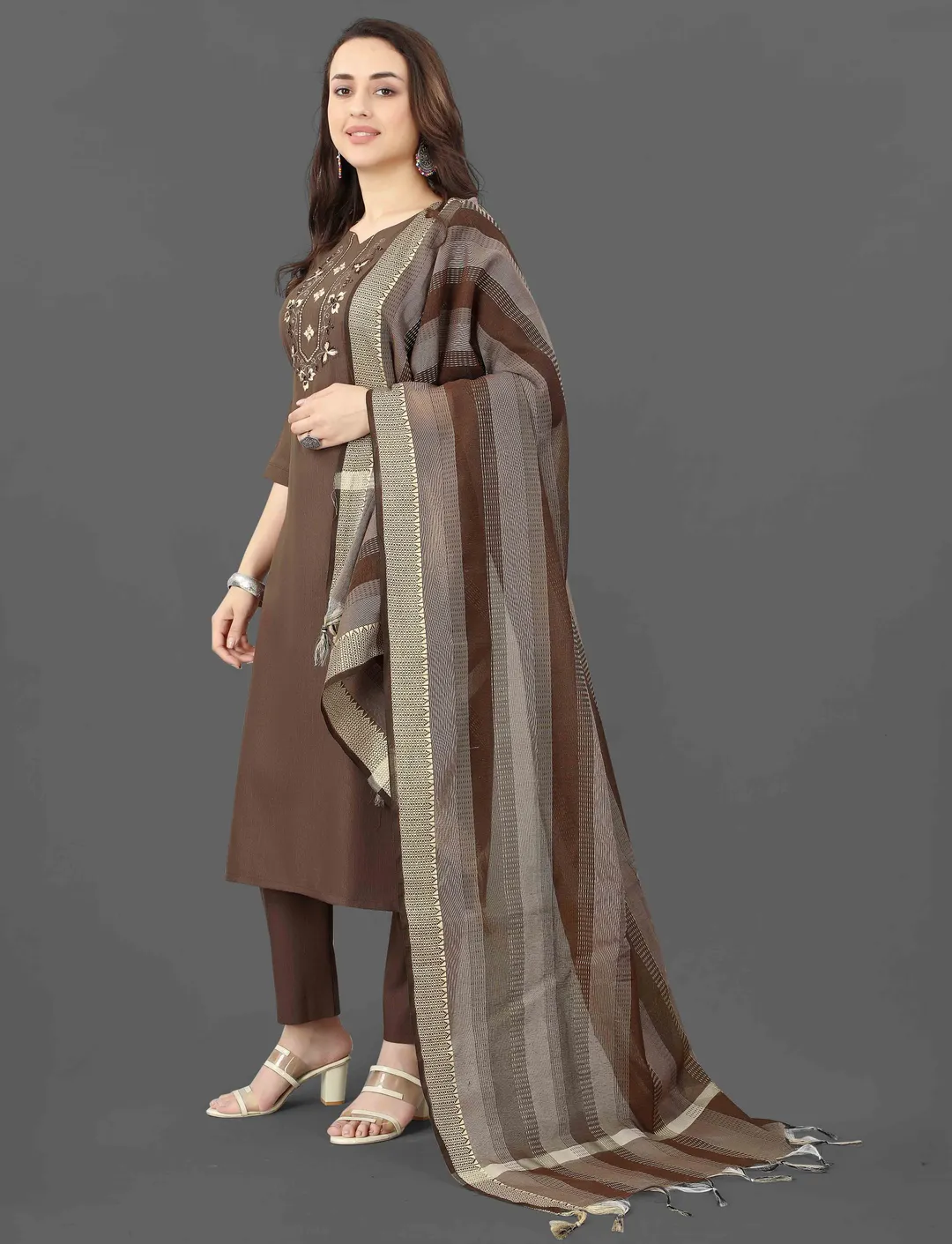 Brown Embroidered Kurta Pant Dupatta Set for Women
