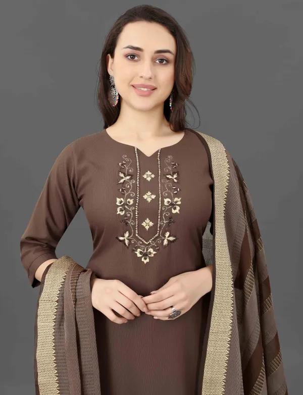 Brown Embroidered Kurta Pant Dupatta Set for Women
