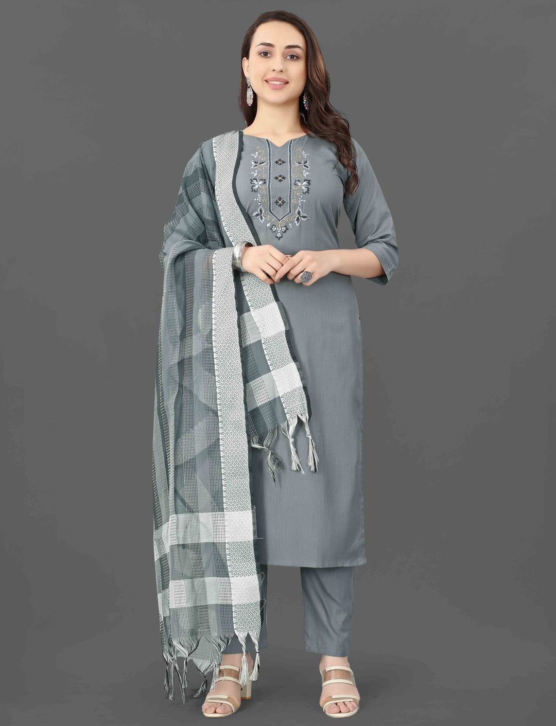 Grey Embroidered Kurta Pant Dupatta Set for Women