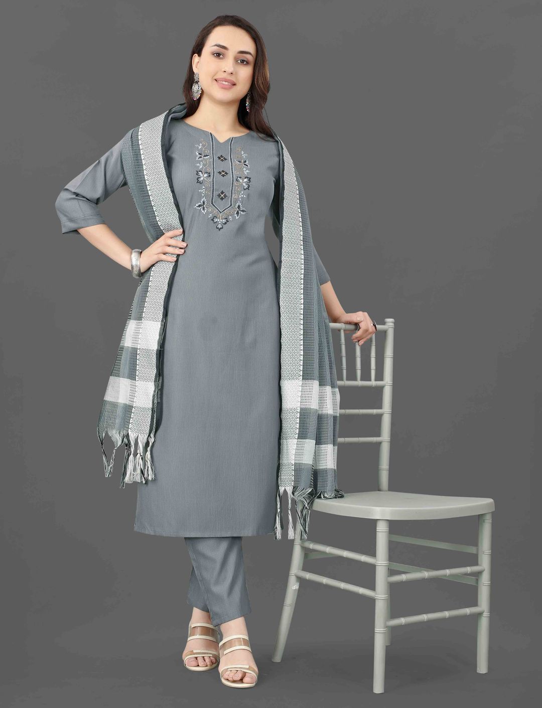 Grey Embroidered Kurta Pant Dupatta Set for Women