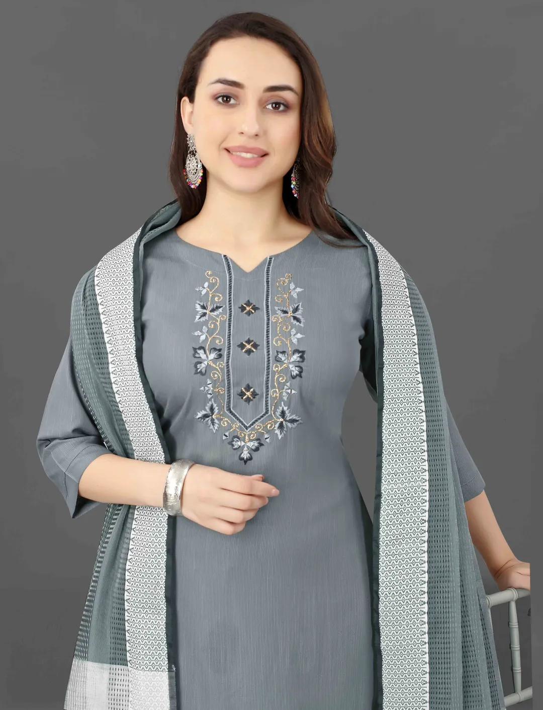 Grey Embroidered Kurta Pant Dupatta Set for Women