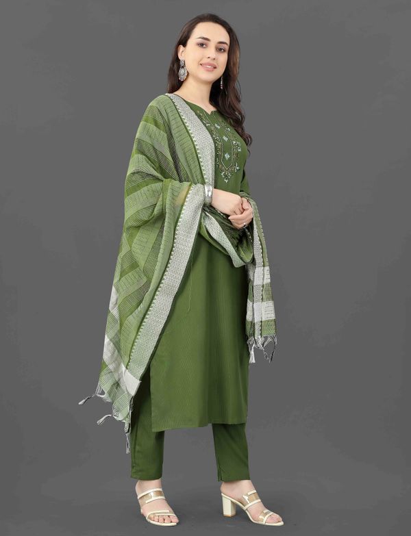 Grey Embroidered Kurta Pant Dupatta Set for Women