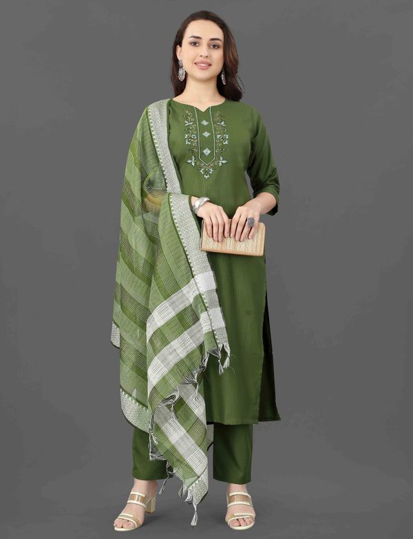 Grey Embroidered Kurta Pant Dupatta Set for Women