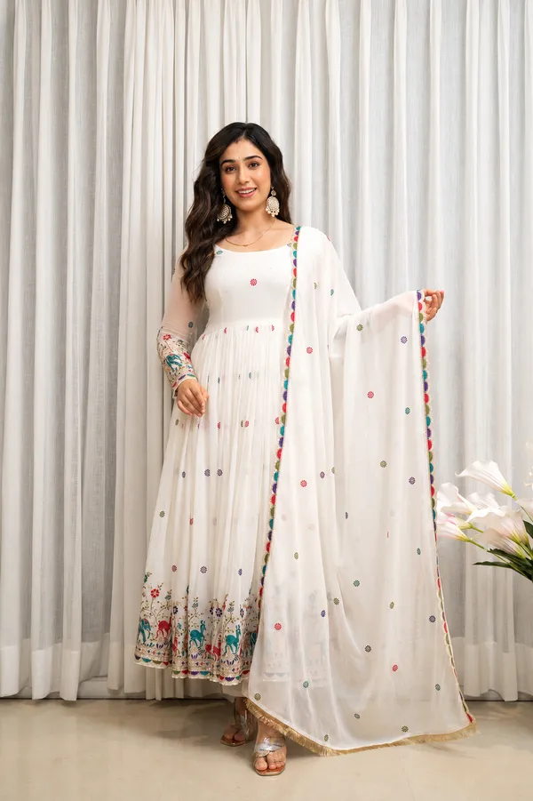 White Embroidered Anarkali Suit Set