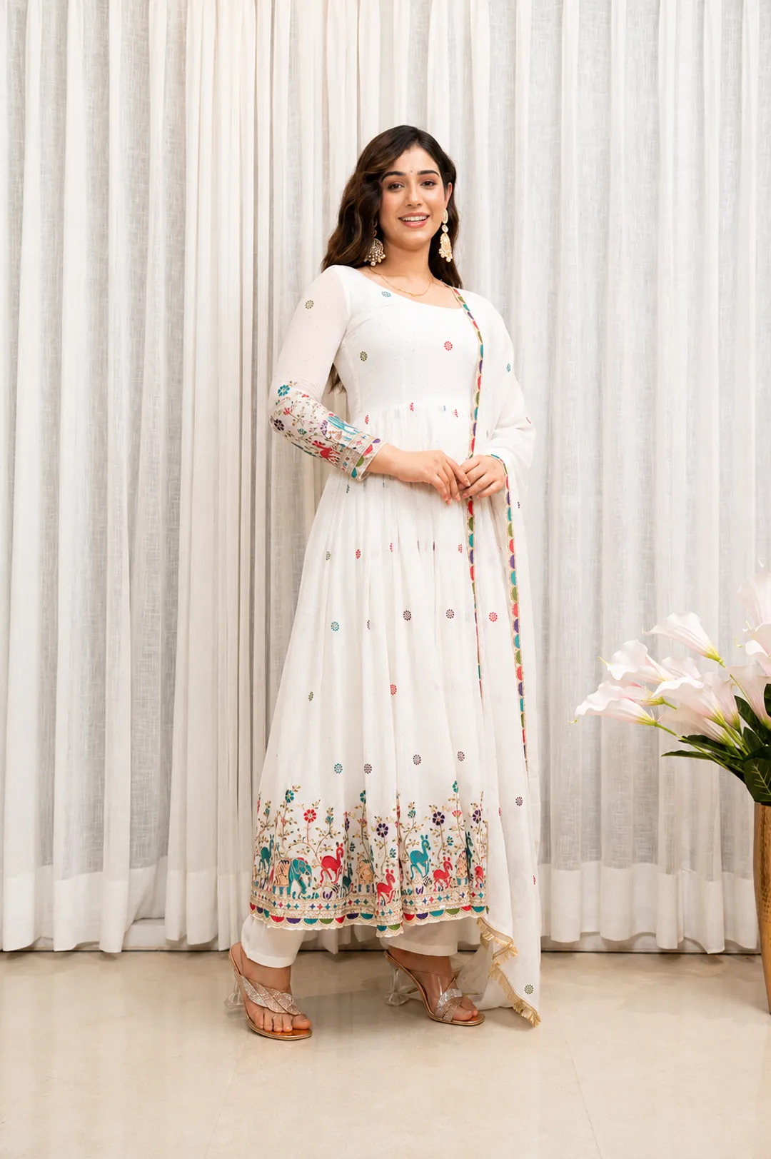 White Embroidered Anarkali Suit Set