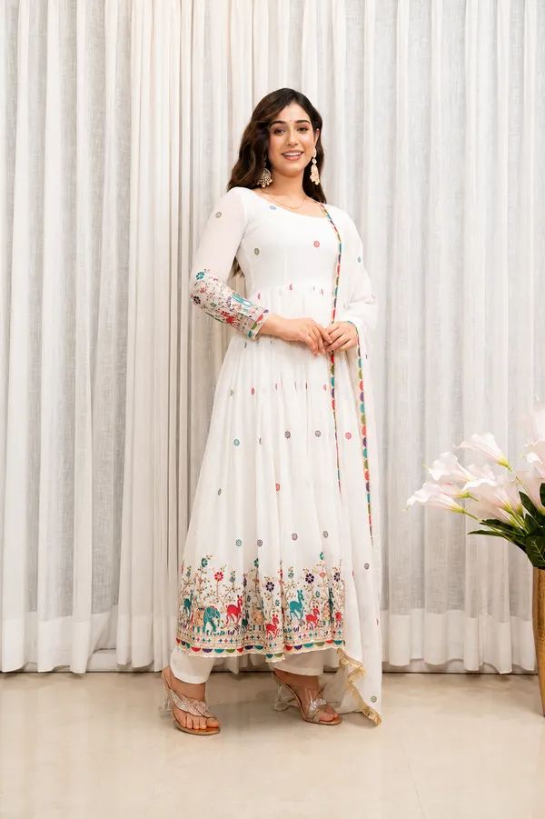 White Embroidered Anarkali Suit Set