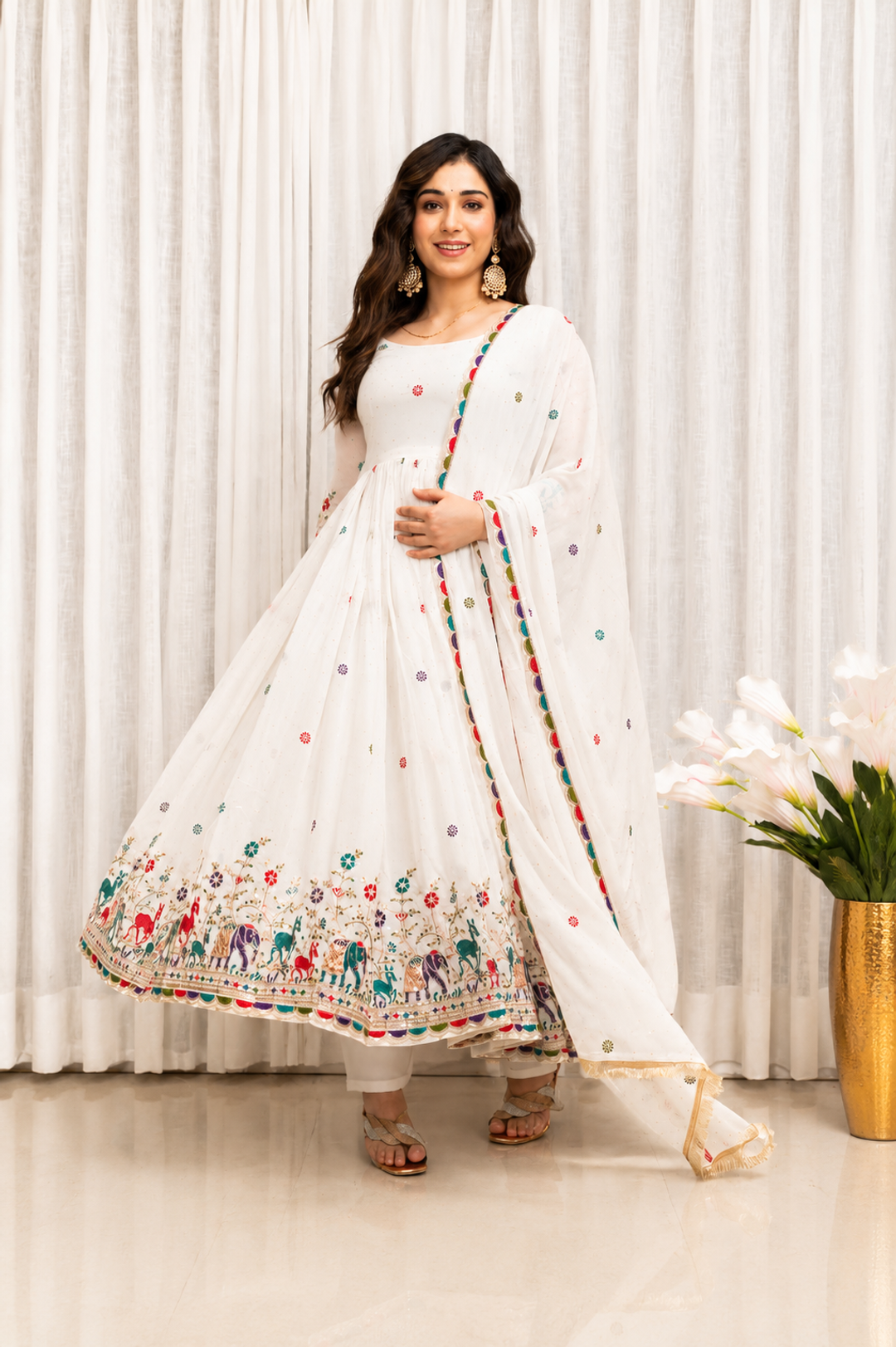 White Embroidered Anarkali Suit Set