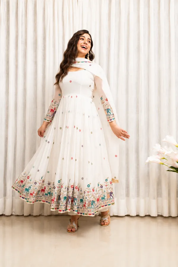 White Embroidered Anarkali Suit Set