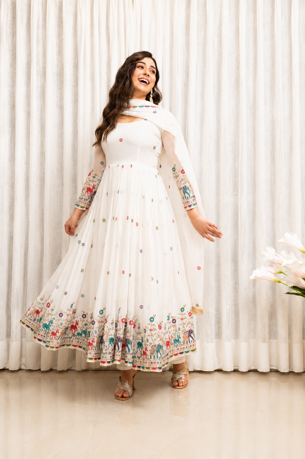 White Embroidered Anarkali Suit Set