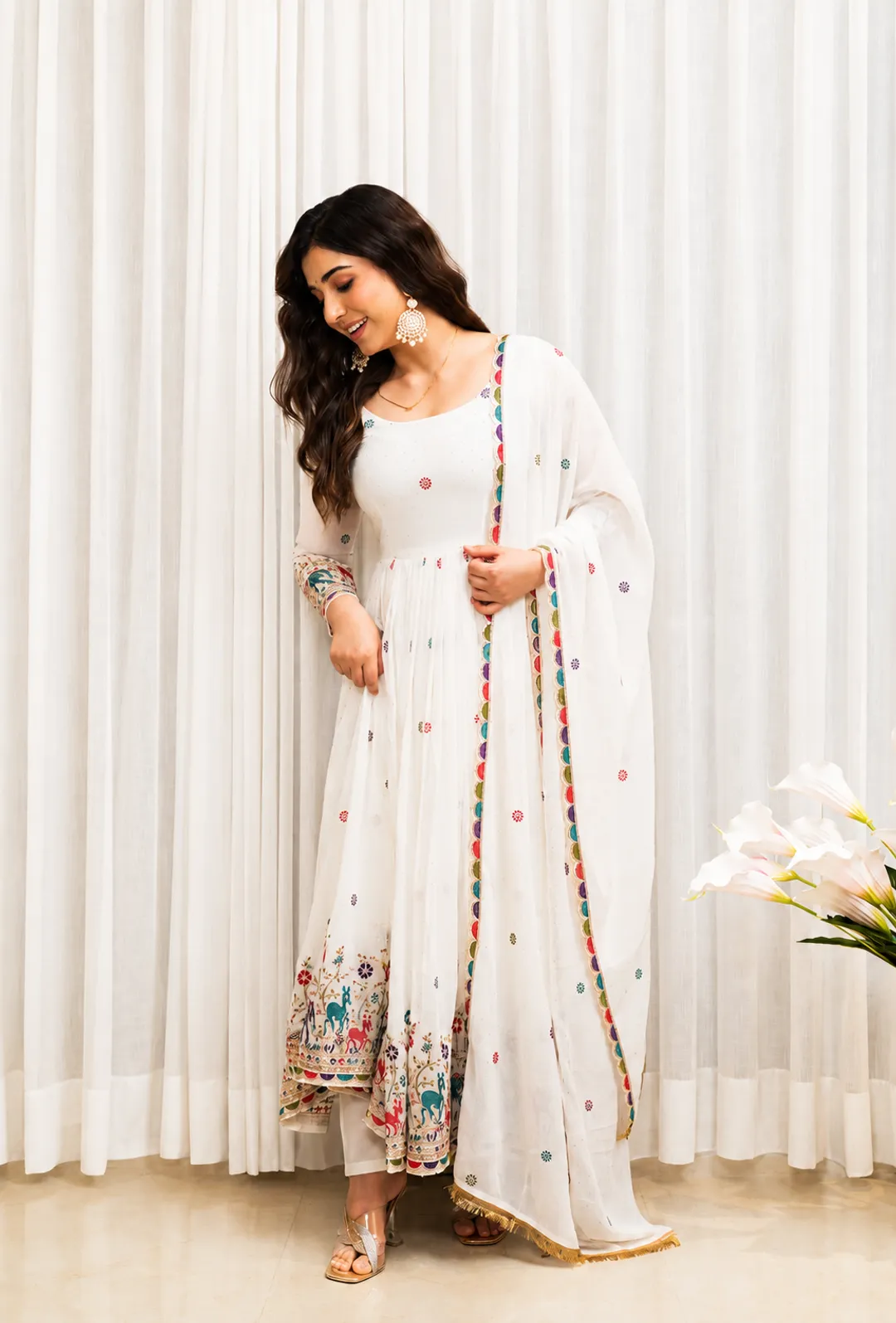 White Embroidered Anarkali Suit Set