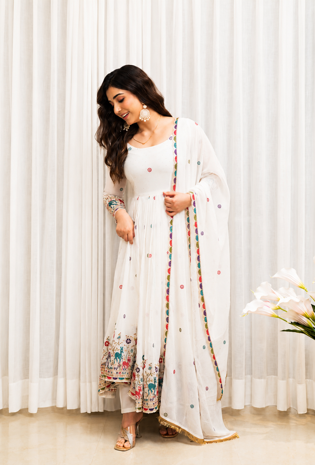 White Embroidered Anarkali Suit Set