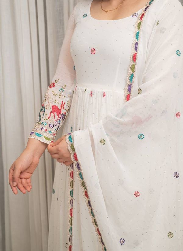 White Embroidered Anarkali Suit Set