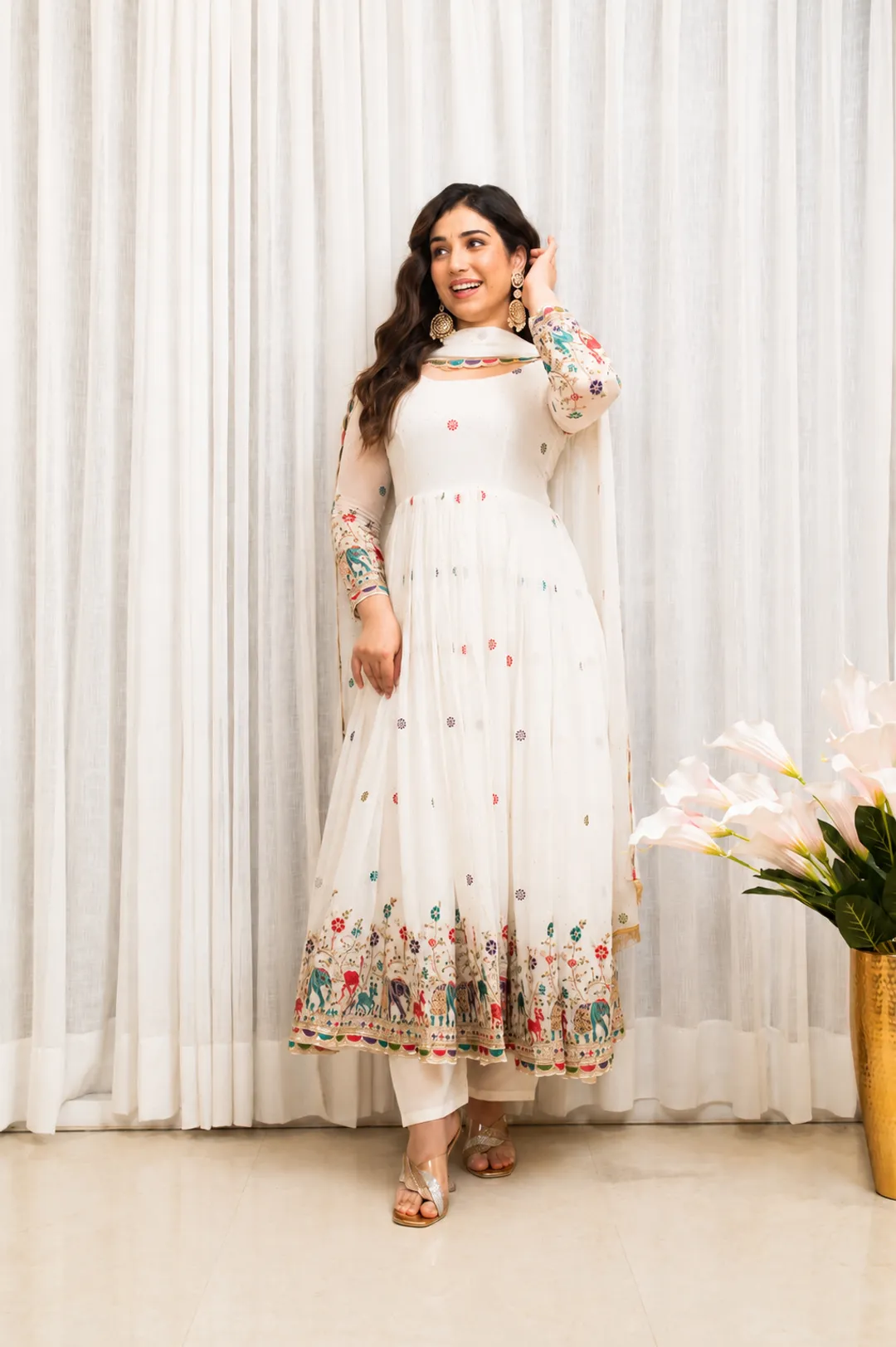 White Embroidered Anarkali Suit Set
